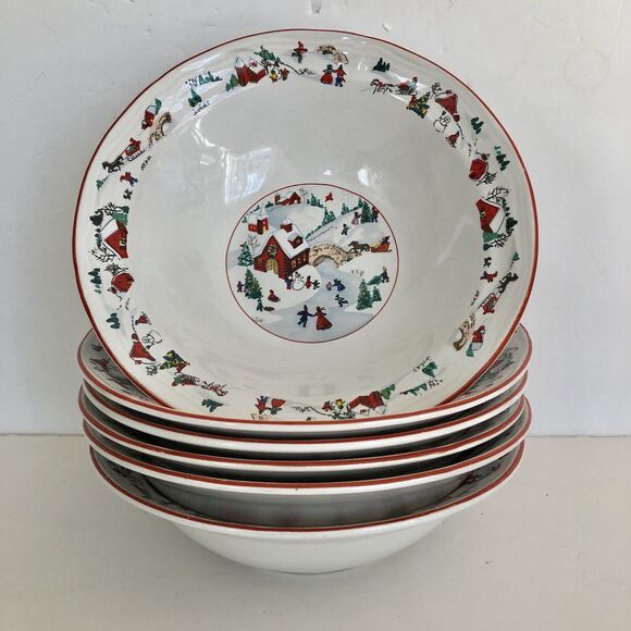 Farberware White Christmas 95 Bowl Ceral Soup Salad 7" Set of 6 pc. Katherine B - Picture 1 of 9